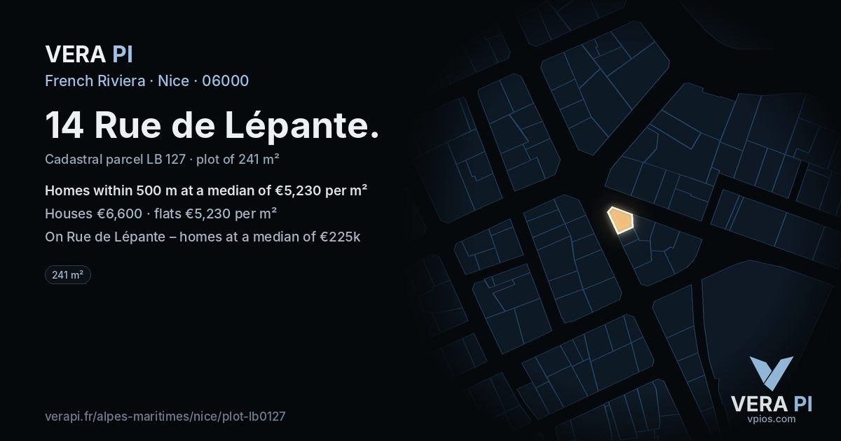 14 Rue de Lépante, Nice at night – the plot lit, the parcels around coloured by the prices near them