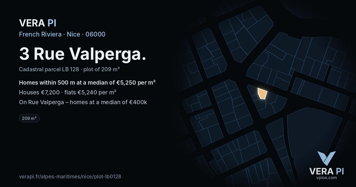 3 Rue Valperga, Nice at night – the plot lit, the parcels around coloured by the prices near them