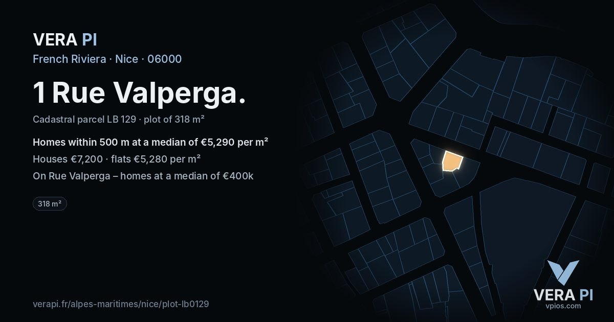 1 Rue Valperga, Nice at night – the plot lit, the parcels around coloured by the prices near them