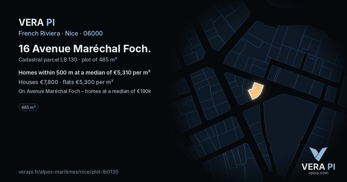 16 Avenue Maréchal Foch, Nice at night – the plot lit, the parcels around coloured by the prices near them