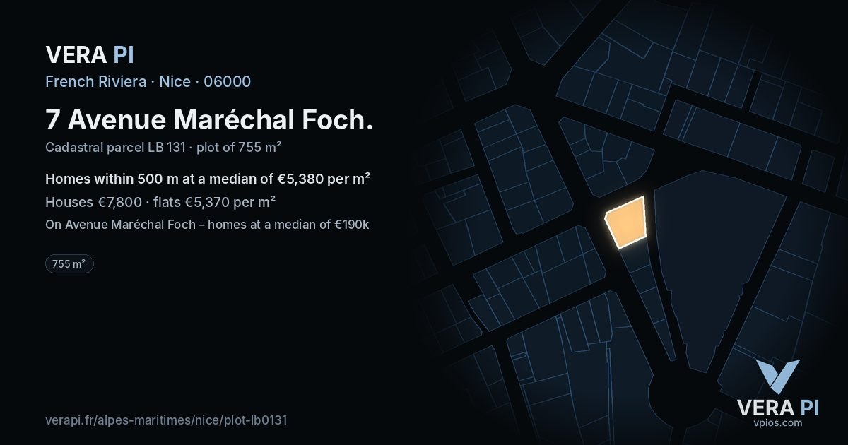 7 Avenue Maréchal Foch, Nice at night – the plot lit, the parcels around coloured by the prices near them