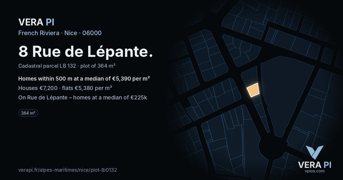 8 Rue de Lépante, Nice at night – the plot lit, the parcels around coloured by the prices near them
