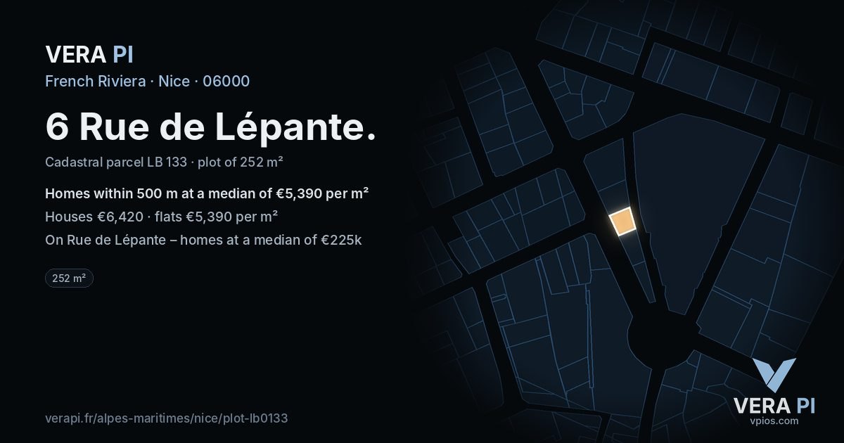 6 Rue de Lépante, Nice at night – the plot lit, the parcels around coloured by the prices near them