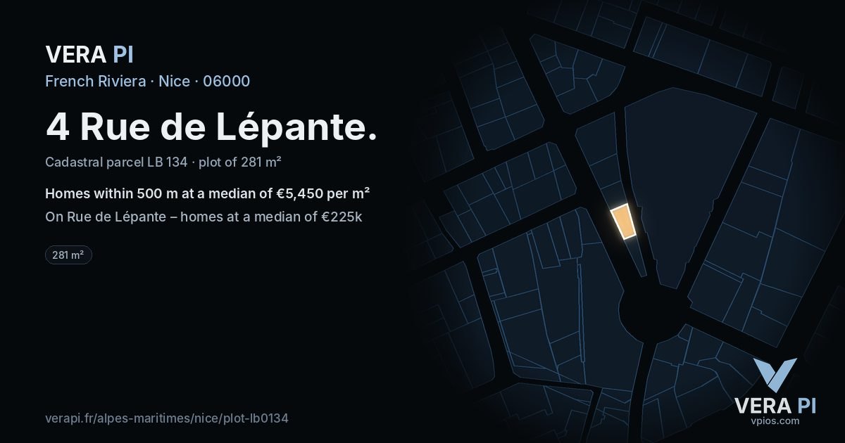 4 Rue de Lépante, Nice at night – the plot lit, the parcels around coloured by the prices near them