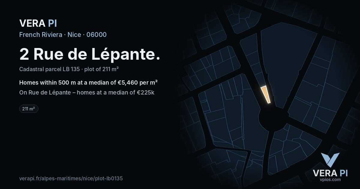 2 Rue de Lépante, Nice at night – the plot lit, the parcels around coloured by the prices near them