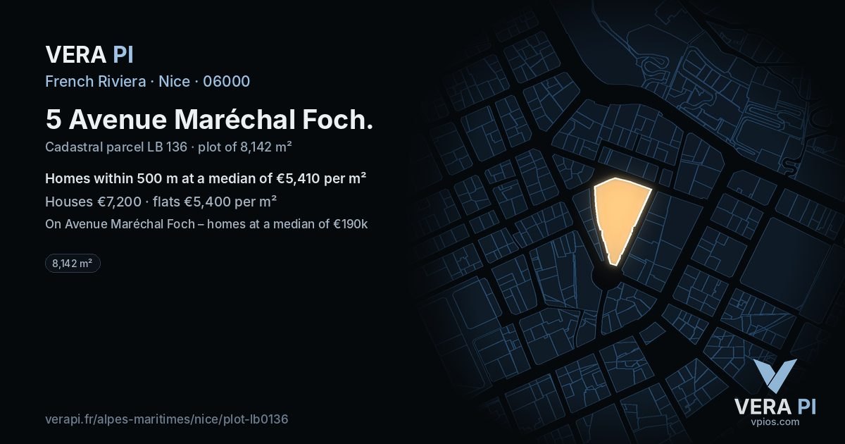 5 Avenue Maréchal Foch, Nice at night – the plot lit, the parcels around coloured by the prices near them