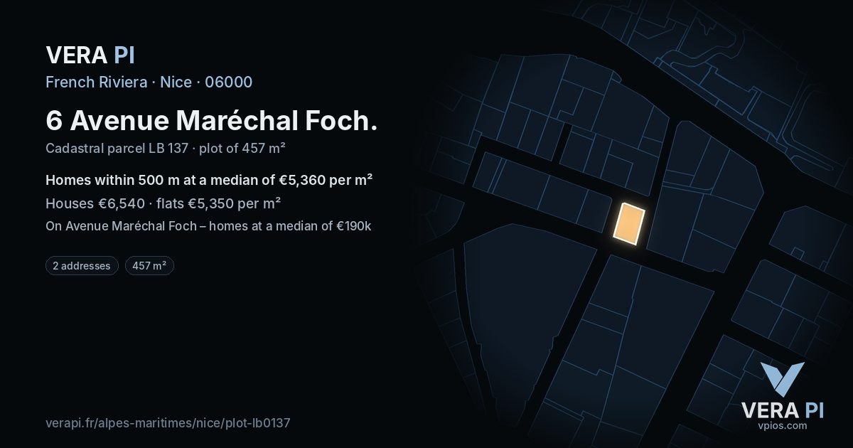 6 Avenue Maréchal Foch, Nice at night – the plot lit, the parcels around coloured by the prices near them