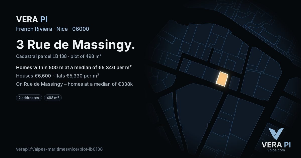 3 Rue de Massingy, Nice at night – the plot lit, the parcels around coloured by the prices near them