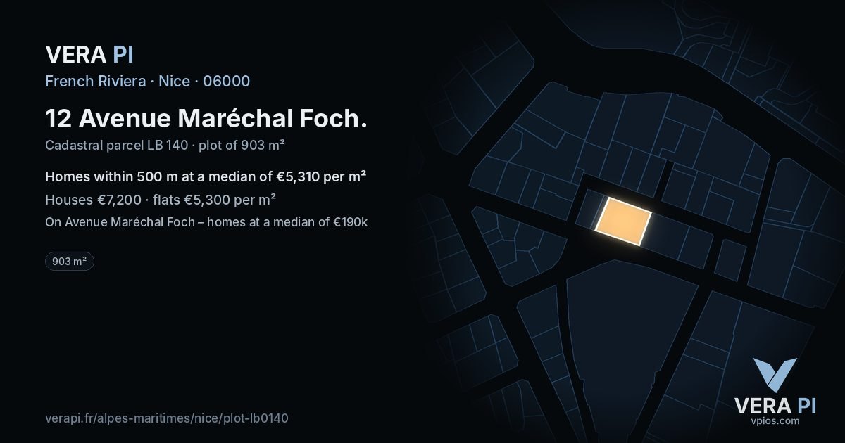 12 Avenue Maréchal Foch, Nice at night – the plot lit, the parcels around coloured by the prices near them