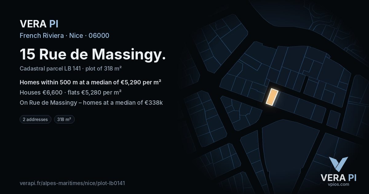 15 Rue de Massingy, Nice at night – the plot lit, the parcels around coloured by the prices near them
