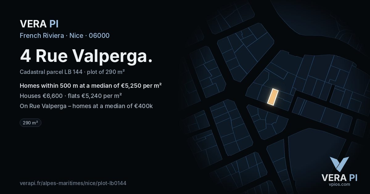 4 Rue Valperga, Nice at night – the plot lit, the parcels around coloured by the prices near them