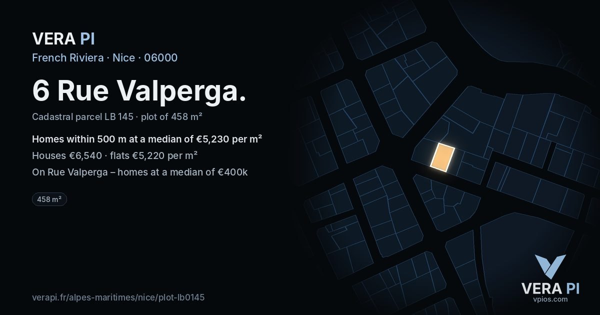 6 Rue Valperga, Nice at night – the plot lit, the parcels around coloured by the prices near them