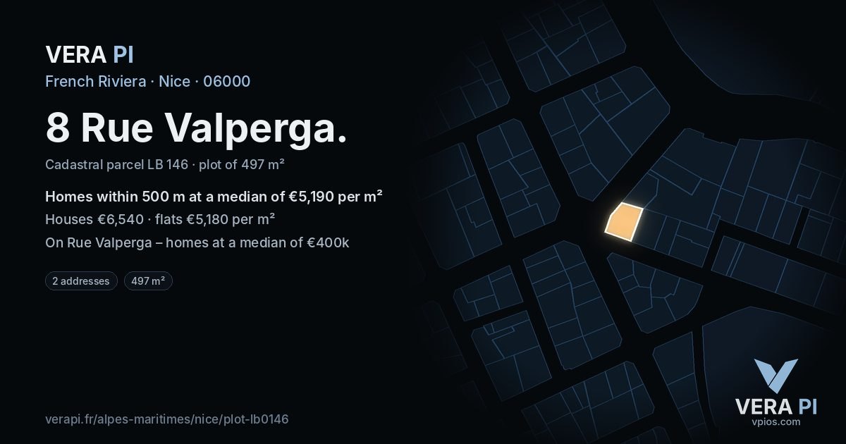 8 Rue Valperga, Nice at night – the plot lit, the parcels around coloured by the prices near them