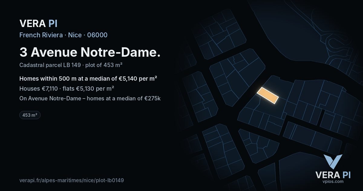 3 Avenue Notre-Dame, Nice at night – the plot lit, the parcels around coloured by the prices near them
