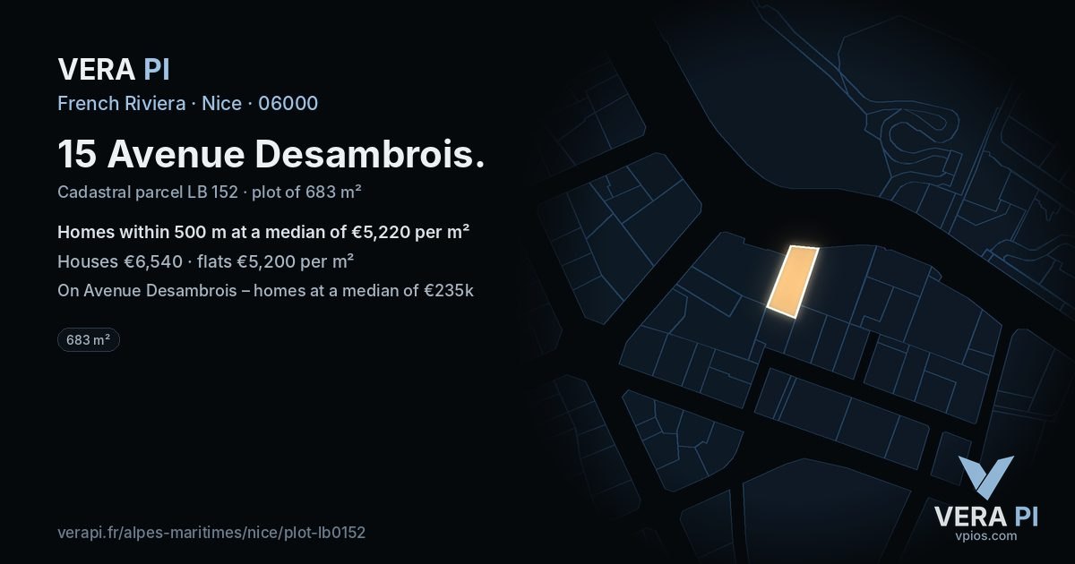 15 Avenue Desambrois, Nice at night – the plot lit, the parcels around coloured by the prices near them