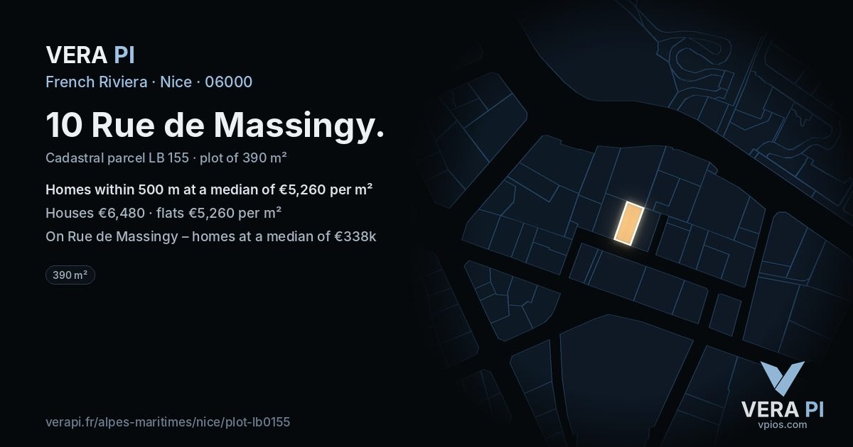 10 Rue de Massingy, Nice at night – the plot lit, the parcels around coloured by the prices near them