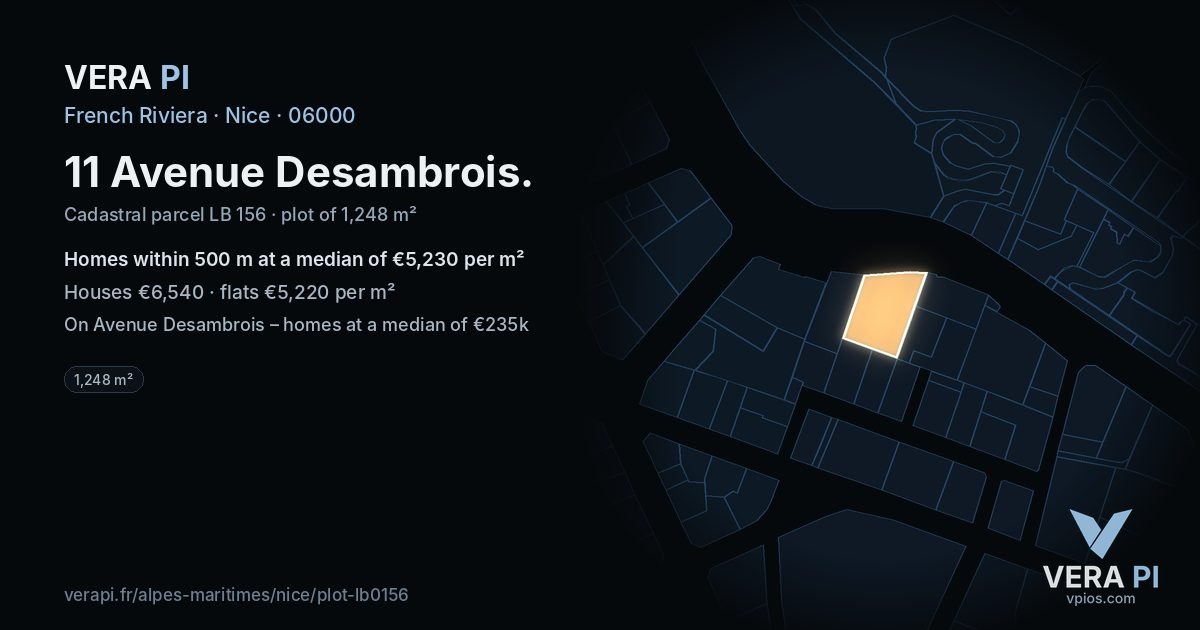 11 Avenue Desambrois, Nice at night – the plot lit, the parcels around coloured by the prices near them