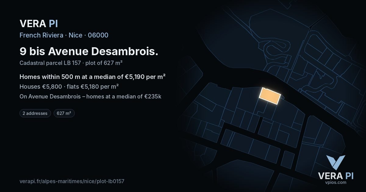 9 bis Avenue Desambrois, Nice at night – the plot lit, the parcels around coloured by the prices near them