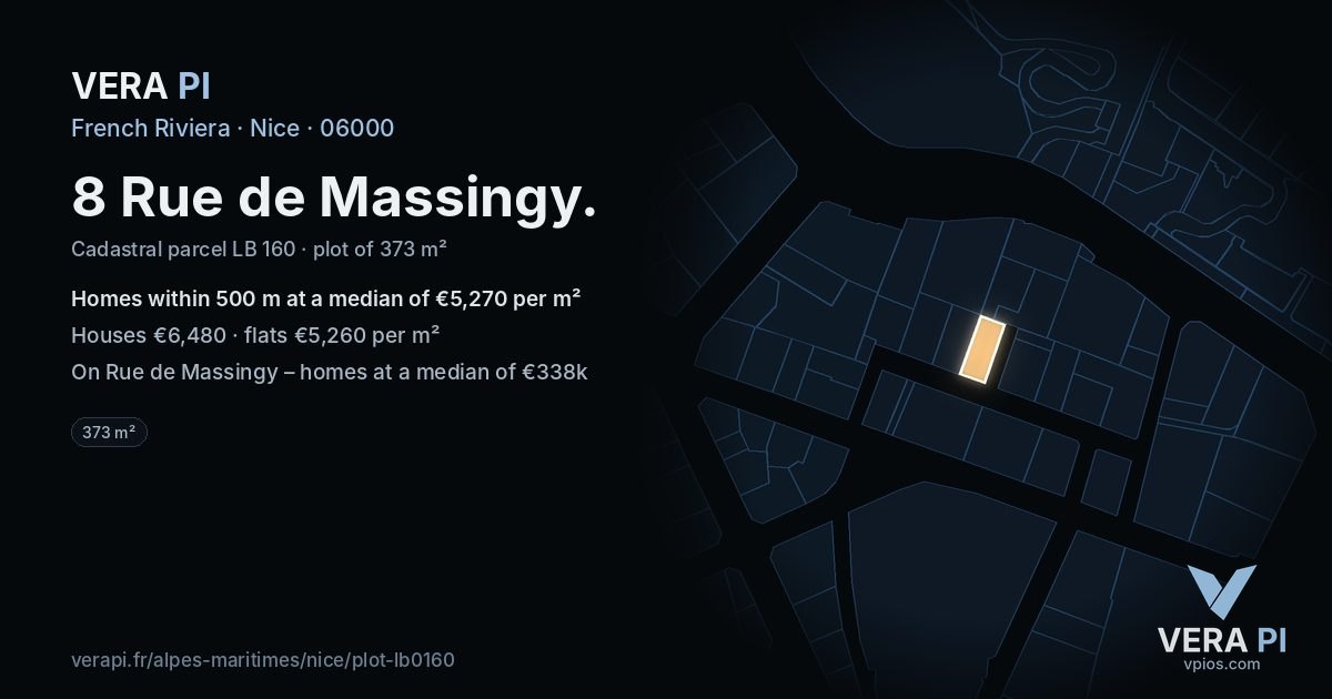 8 Rue de Massingy, Nice at night – the plot lit, the parcels around coloured by the prices near them
