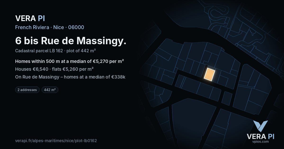 6 bis Rue de Massingy, Nice at night – the plot lit, the parcels around coloured by the prices near them