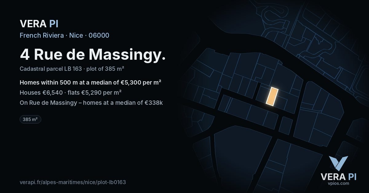 4 Rue de Massingy, Nice at night – the plot lit, the parcels around coloured by the prices near them