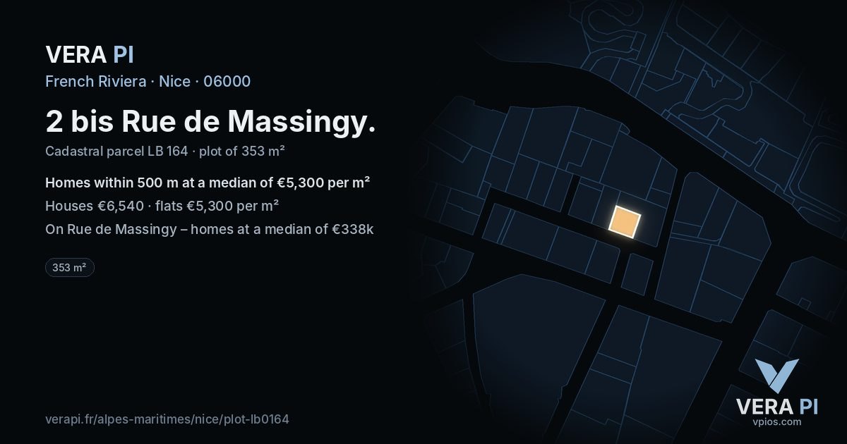 2 bis Rue de Massingy, Nice at night – the plot lit, the parcels around coloured by the prices near them