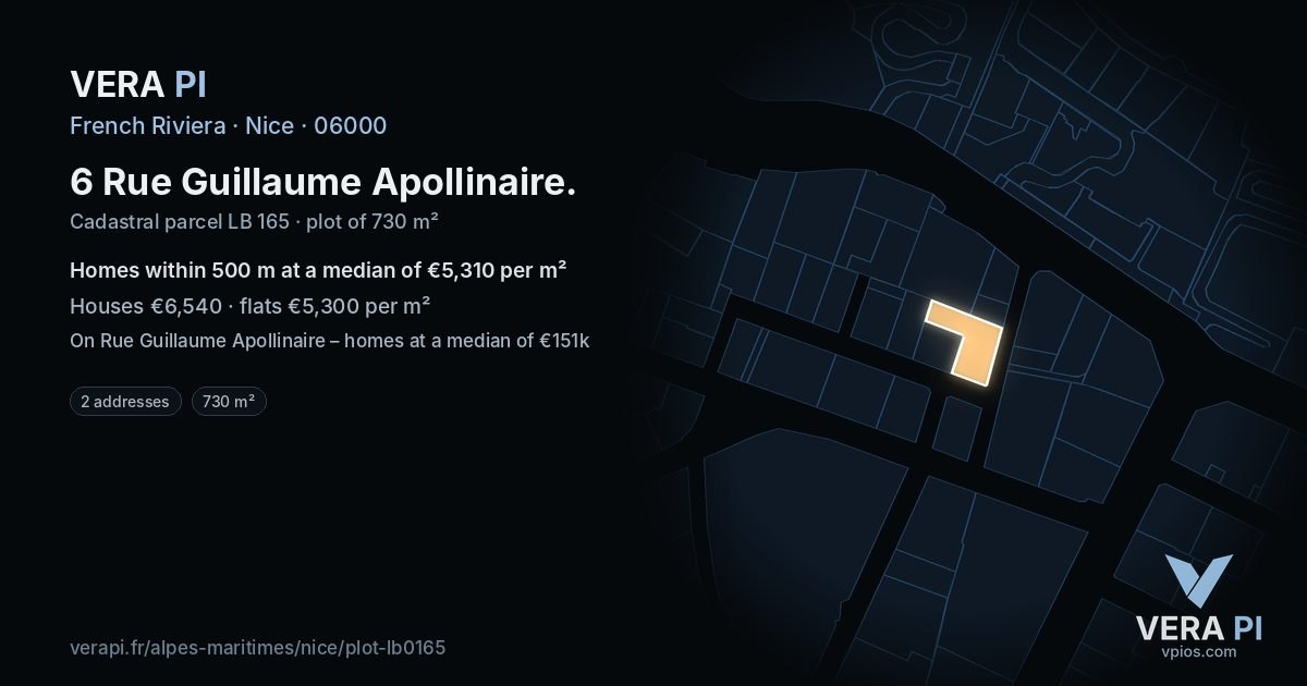 6 Rue Guillaume Apollinaire, Nice at night – the plot lit, the parcels around coloured by the prices near them