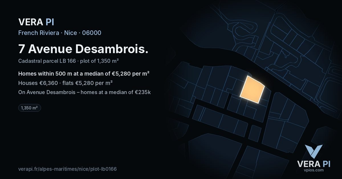 7 Avenue Desambrois, Nice at night – the plot lit, the parcels around coloured by the prices near them