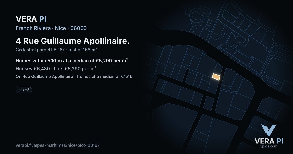 4 Rue Guillaume Apollinaire, Nice at night – the plot lit, the parcels around coloured by the prices near them