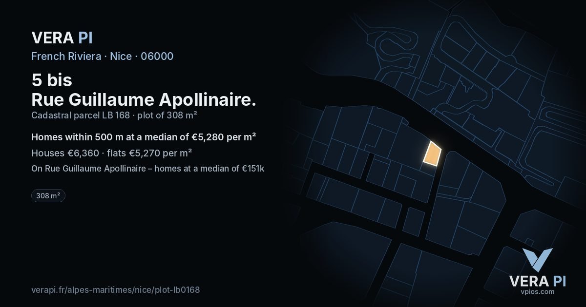 5 bis Rue Guillaume Apollinaire, Nice at night – the plot lit, the parcels around coloured by the prices near them