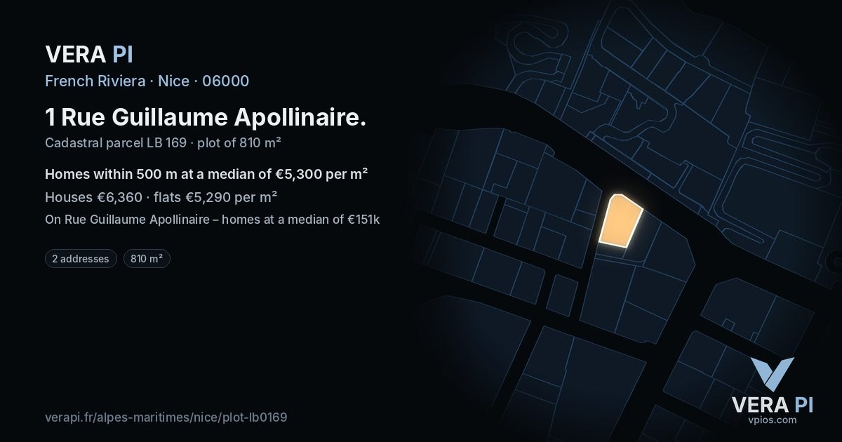 1 Rue Guillaume Apollinaire, Nice at night – the plot lit, the parcels around coloured by the prices near them