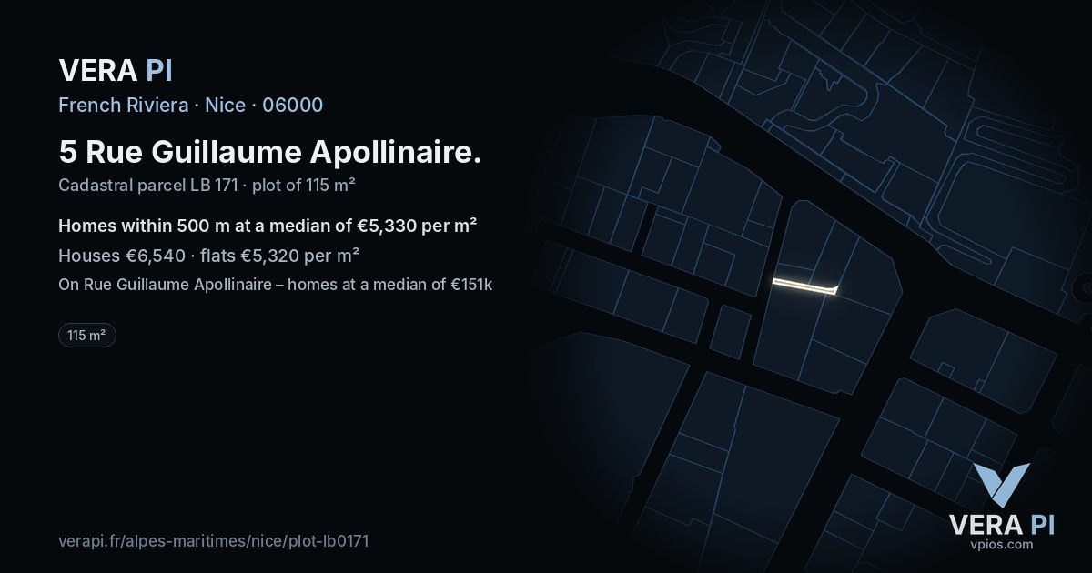 5 Rue Guillaume Apollinaire, Nice at night – the plot lit, the parcels around coloured by the prices near them