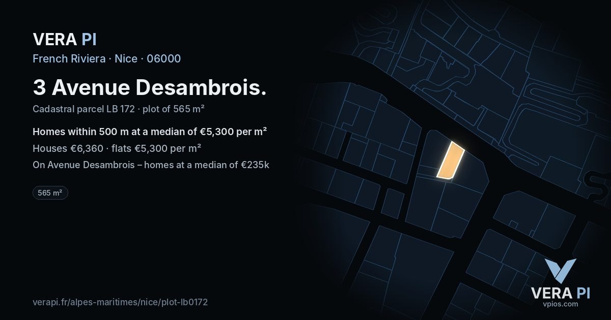3 Avenue Desambrois, Nice at night – the plot lit, the parcels around coloured by the prices near them