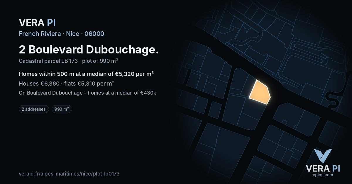 2 Boulevard Dubouchage, Nice at night – the plot lit, the parcels around coloured by the prices near them