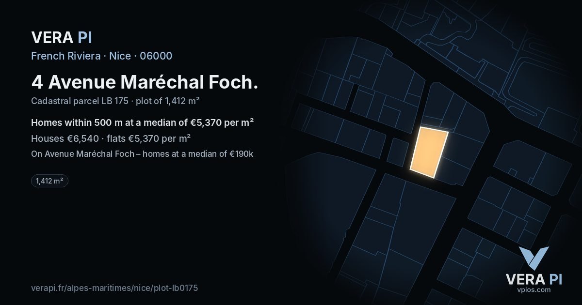 4 Avenue Maréchal Foch, Nice at night – the plot lit, the parcels around coloured by the prices near them