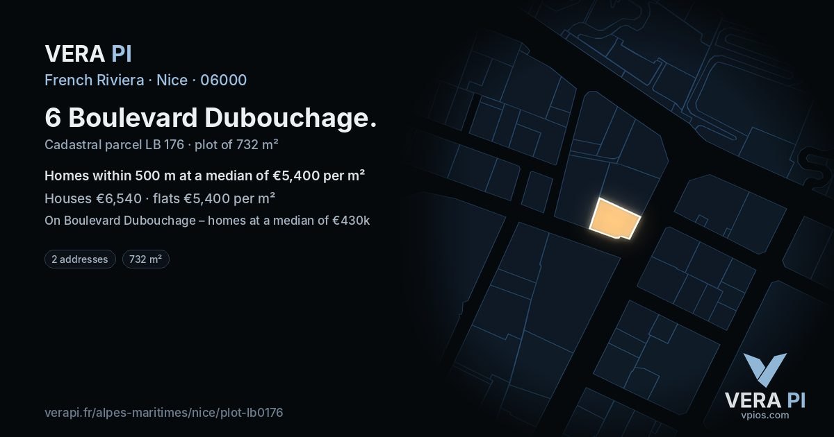 6 Boulevard Dubouchage, Nice at night – the plot lit, the parcels around coloured by the prices near them