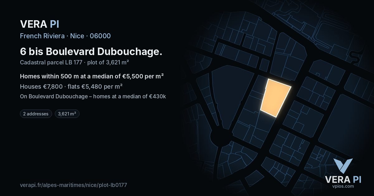 6 bis Boulevard Dubouchage, Nice at night – the plot lit, the parcels around coloured by the prices near them
