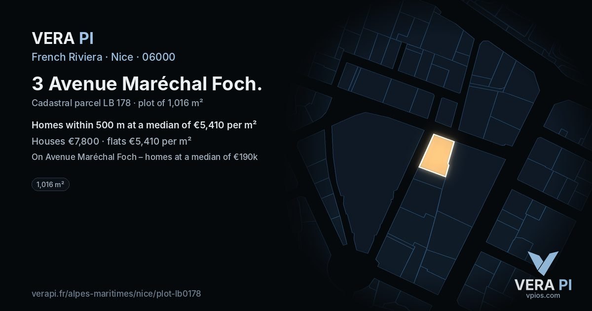 3 Avenue Maréchal Foch, Nice at night – the plot lit, the parcels around coloured by the prices near them
