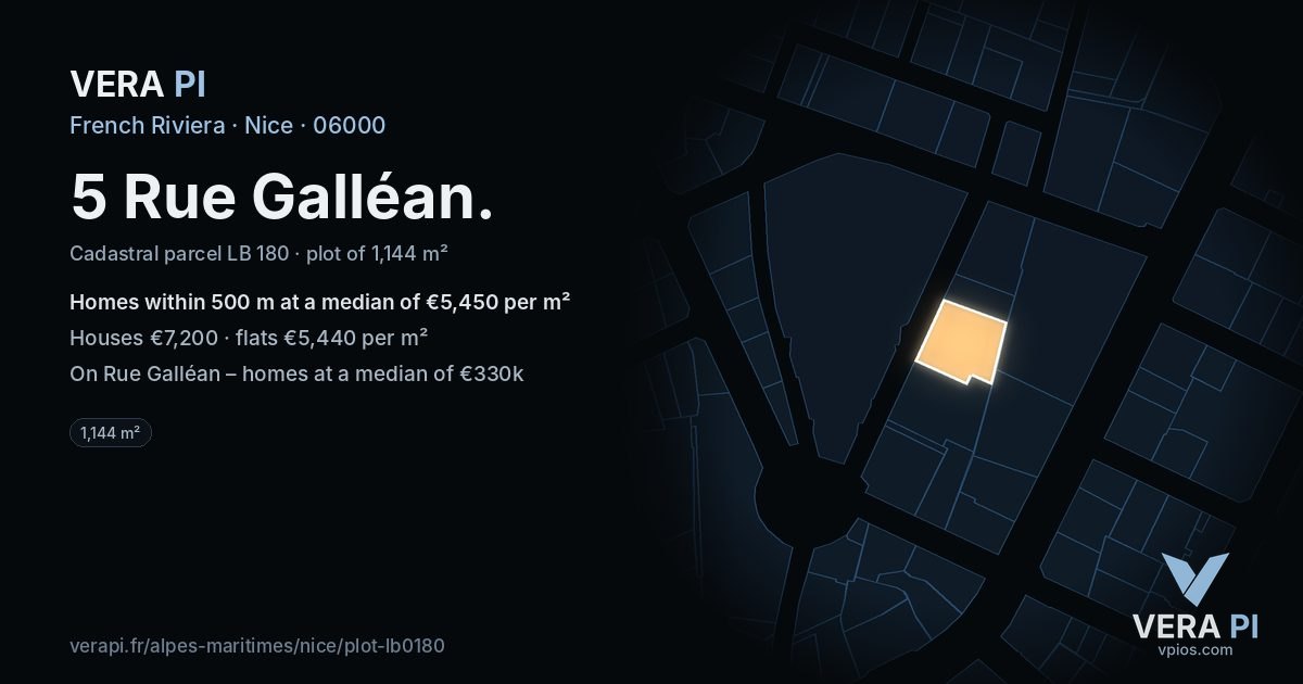 5 Rue Galléan, Nice at night – the plot lit, the parcels around coloured by the prices near them