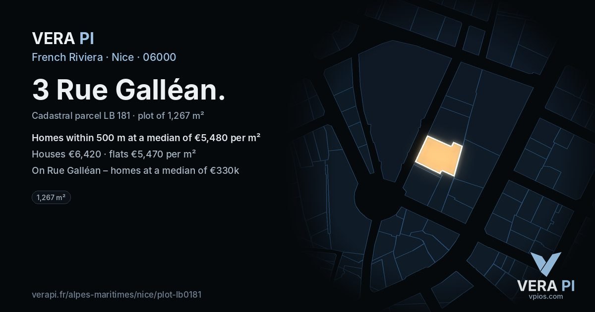 3 Rue Galléan, Nice at night – the plot lit, the parcels around coloured by the prices near them