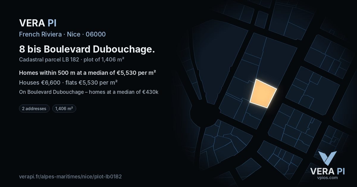 8 bis Boulevard Dubouchage, Nice at night – the plot lit, the parcels around coloured by the prices near them