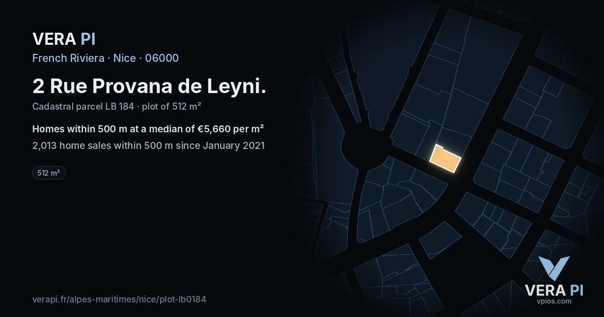 2 Rue Provana de Leyni, Nice at night – the plot lit, the parcels around coloured by the prices near them