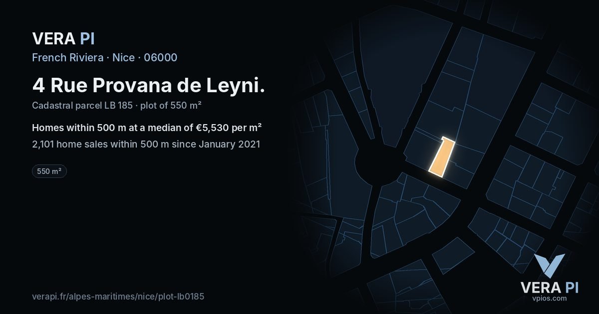 4 Rue Provana de Leyni, Nice at night – the plot lit, the parcels around coloured by the prices near them