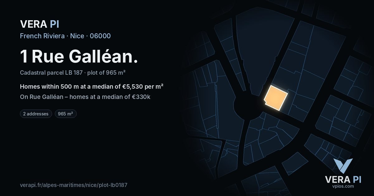 1 Rue Galléan, Nice at night – the plot lit, the parcels around coloured by the prices near them