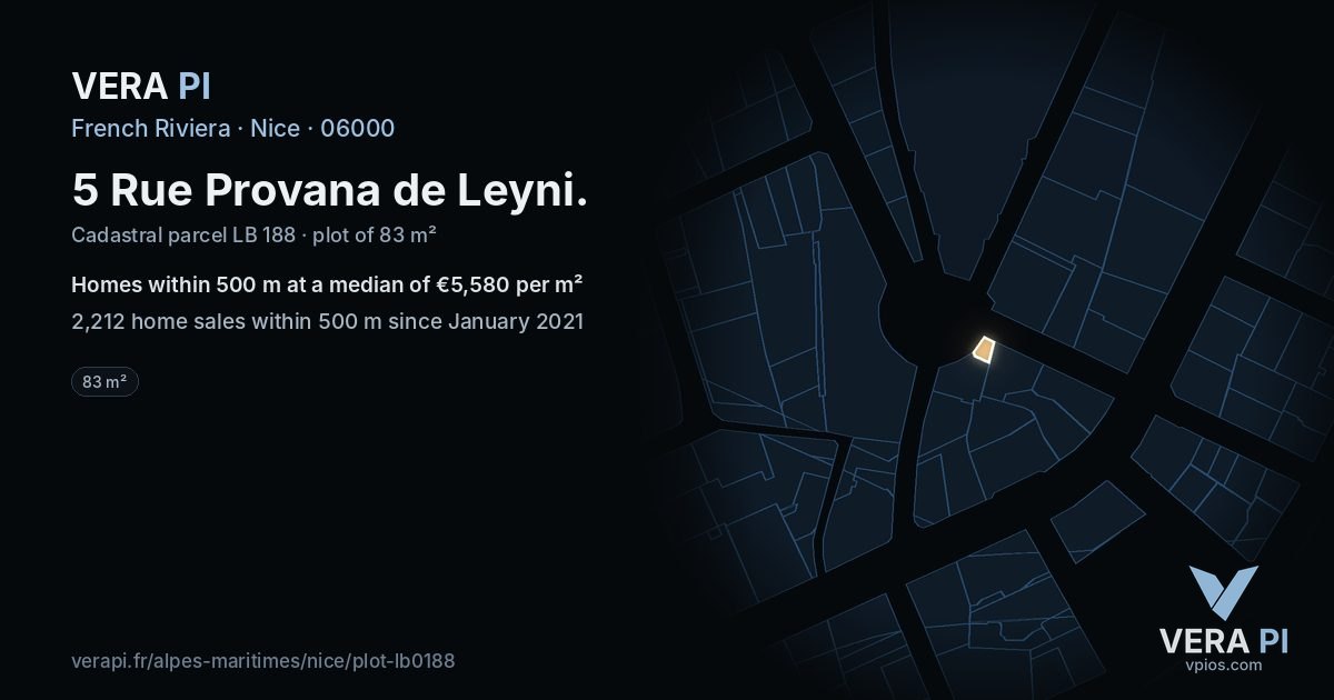 5 Rue Provana de Leyni, Nice at night – the plot lit, the parcels around coloured by the prices near them