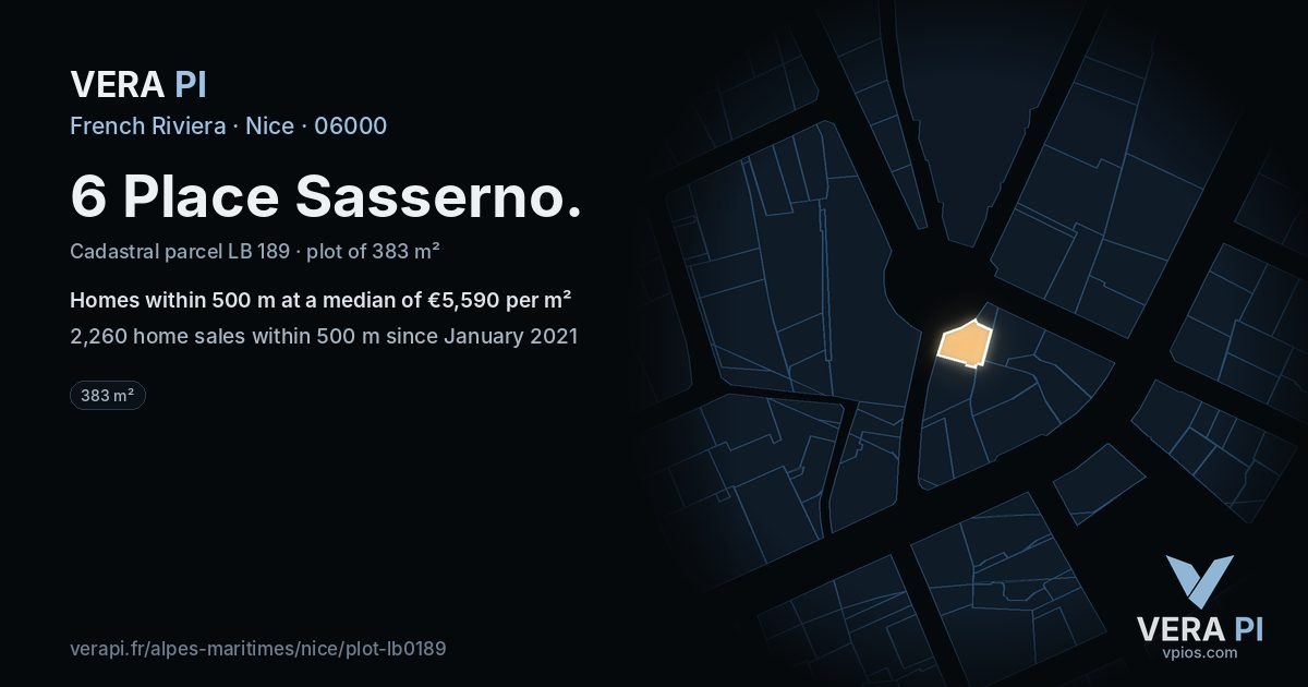 6 Place Sasserno, Nice at night – the plot lit, the parcels around coloured by the prices near them