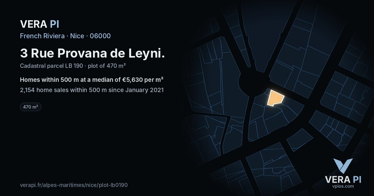 3 Rue Provana de Leyni, Nice at night – the plot lit, the parcels around coloured by the prices near them