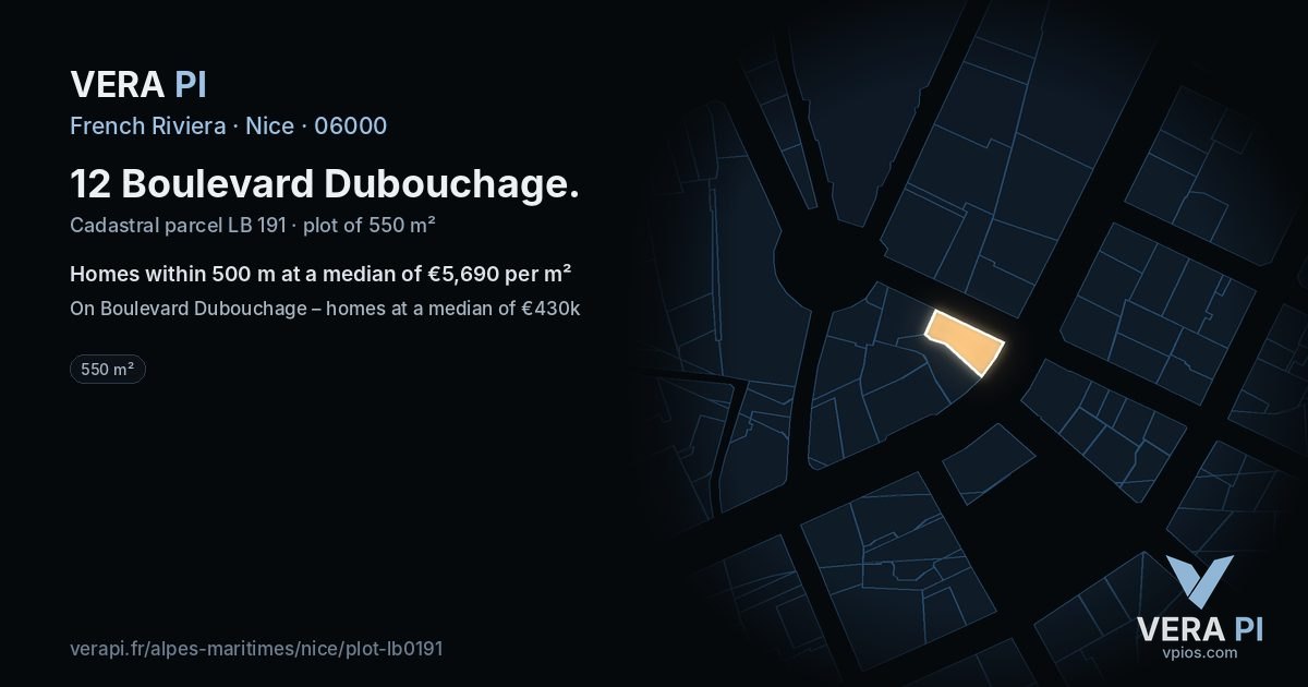12 Boulevard Dubouchage, Nice at night – the plot lit, the parcels around coloured by the prices near them