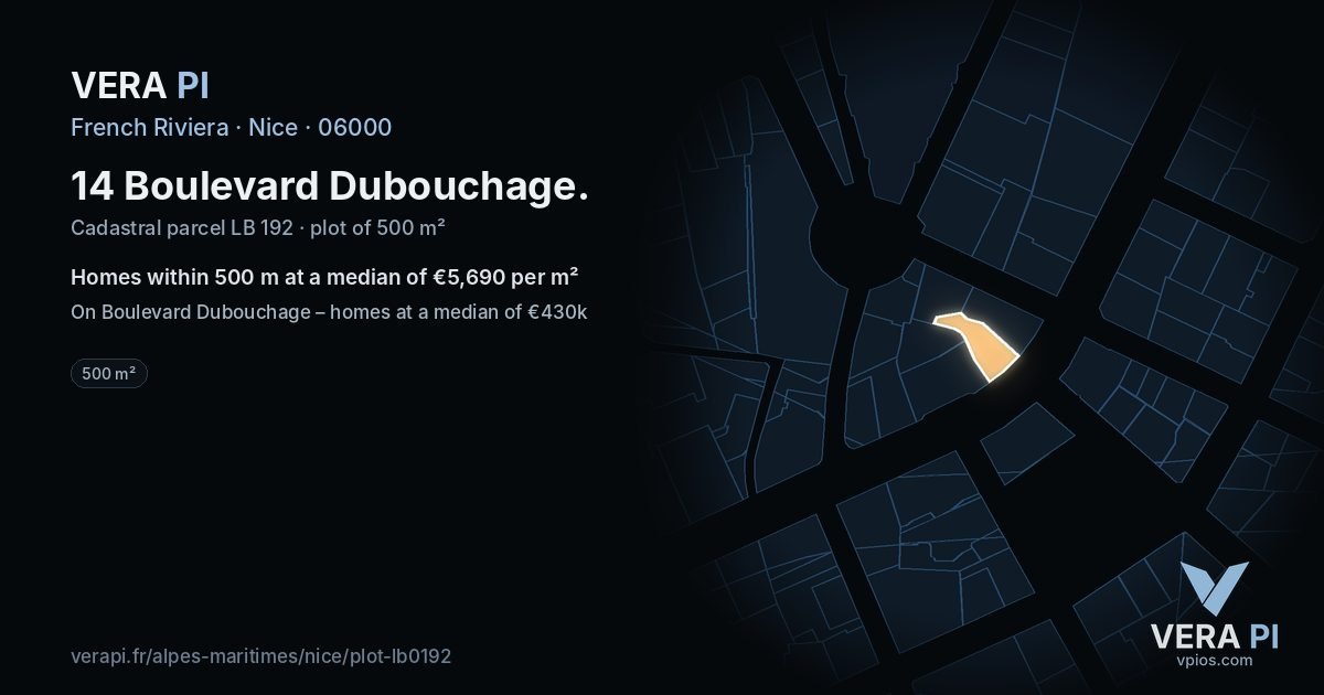 14 Boulevard Dubouchage, Nice at night – the plot lit, the parcels around coloured by the prices near them