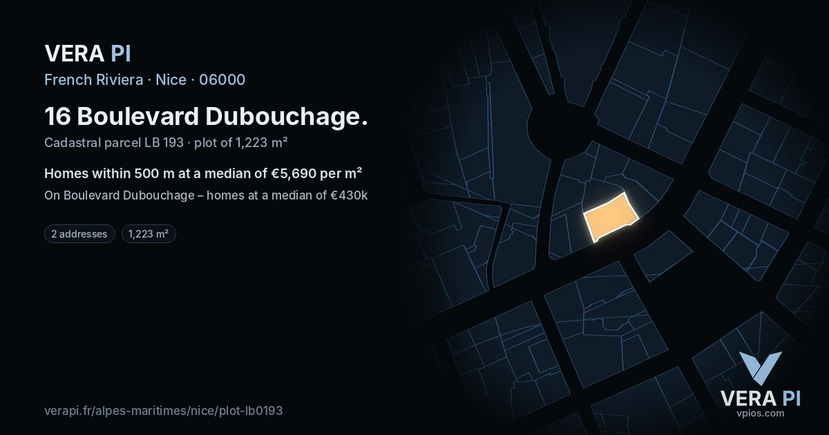 16 Boulevard Dubouchage, Nice at night – the plot lit, the parcels around coloured by the prices near them